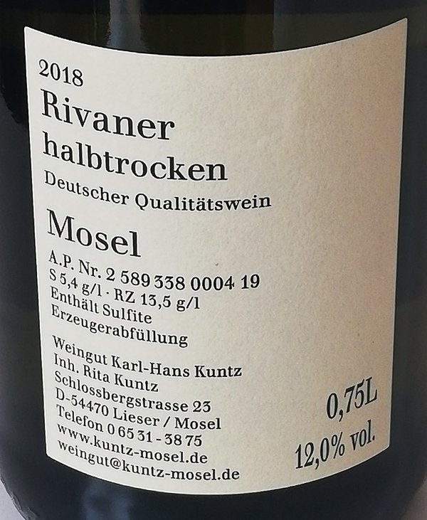2018er Rivaner Qualitätswein Halbtrocken
