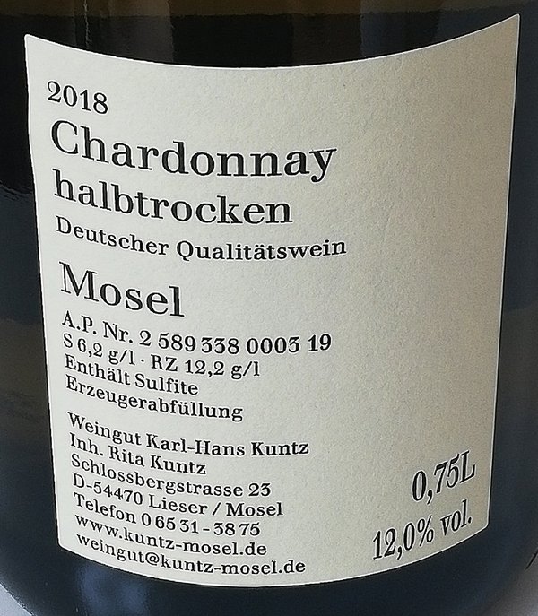 2018er Chardonnay Qualitätswein Halbtrocken